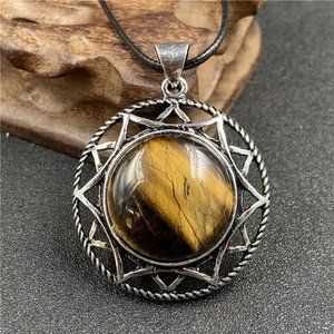 Tiger Eye Natural Stone Round Pendant Necklace Healing Gemstone Big Pendant